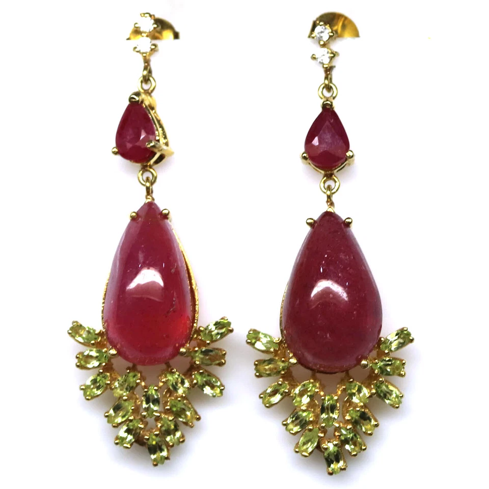 925 Sterlingsilber 11 x 17 Mm. Rot Rubin,Peridot & Zirkonia Ohrringe 18K Gold - Bild 1 von 4