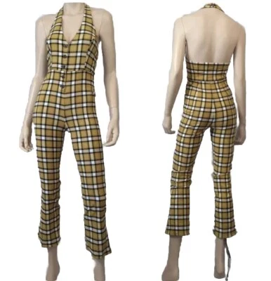 Yellow PLAID JUMPSUIT Nico HALTER S 90s Y2K Retro STRETCH Punk Urban Outfitters - Image 1 of 4