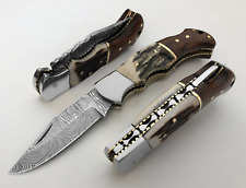 Damascus Steel Folding Pocket Knife 6.5" Stag Antler Handle With Leather Sheath