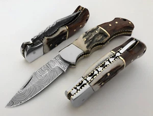 Handmade Damascus Steel Folding Knife Stag Horn & Wood Handle w/ Sheath - Picture 1 of 59