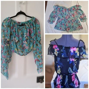 Jane Norman Bundle - 3 Bright Sheer Off-Shoulder Tops - Size 6 Floral butterfly - Picture 1 of 5