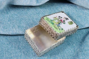 Boîtier miroir chinois. Porcelaine et métal. Peint à la main. Boîte à miroir ... - Photo 1/6
