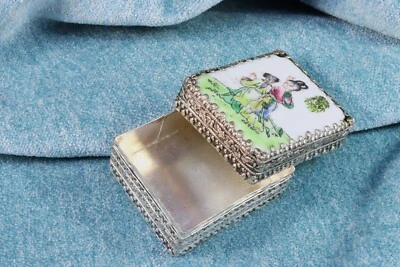 Boîtier miroir chinois. Porcelaine et métal. Peint à la main. Boîte à miroir ... - Photo 1/4