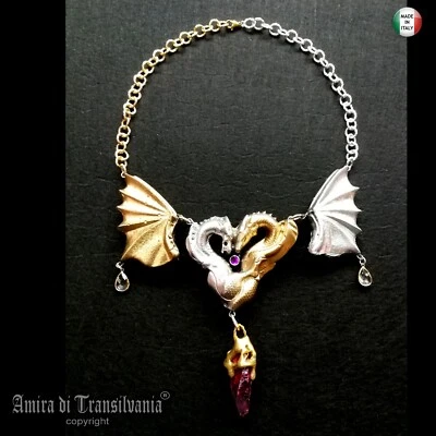 Gioielli di Lusso Collana Girocollo Collier Drago Dragone Perle Cristalli Pietre - Immagine 1 di 4