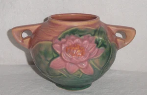 Vintage Roseville Pottery ~ 2 Handled Jardiniere ~ Pink/Green Water Lily 437-4 - Picture 1 of 8
