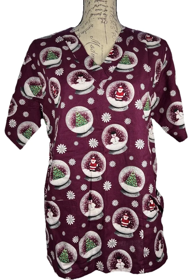 UA Scrubs Women's Top Size Small - Christmas Snow globe Pattern Work Uniform - Image 1 of 4