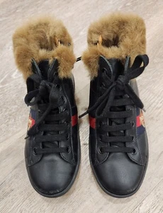 GUCCI KIDS SIZE 28 BLACK FUR-TRIMMED HIGH-TOP SNEAKERS GREAT CONDITION - Picture 1 of 11
