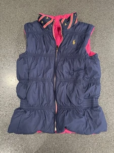 Ralph Lauren Girls Down Puffer Vest Pink Blue Large Reversible Skull Outdoor - Picture 1 of 6