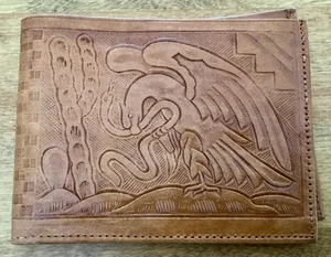 VTG Wallet, Bifold Hand Tooled Tan Leather. Embossed Scenes/Symbols of Mexico - Picture 1 of 7