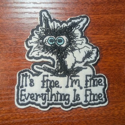 Delusional Cat Patch Funny Everything Is Fine Kitten Embroidered Iron on 3.25x3" - Image 1 of 3