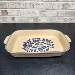 Pfaltzgraff RARE Folk Art 236 Tan Blue 2Qt Baker Casserole w Handles 12 x 8 x 2” - Picture 1 of 10