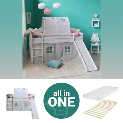 Hochbett 90x200 Kinderbett mit Rutsche Matratze Weiß Holz Massiv Homestyle4u - Bild 1 von 4