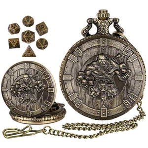 Engraved Pocket Watch Dice Holder with 7-Piece Metal Polyhedral DND Dice Set - Picture 1 of 12