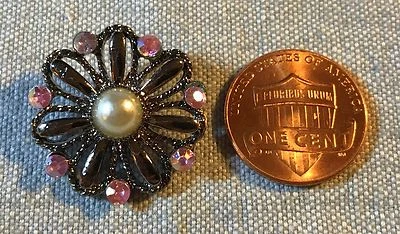 ONE Dark Silver Tone Metal Pink Rhinestone Button Faux Pearl 7/8" 23mm # 8324 - Image 1 of 2