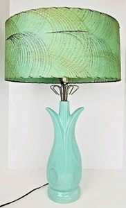 Vintage Mid Century Modern Turquoise Ceramic Tulip Lamp & Fiberglass Swirl Shade - Picture 1 of 12