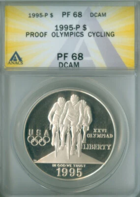 1995-P Olympics Cycling Silver Dollar ANACS PF 68 DCAM FREE S/H (2126524) - Image 1 of 4