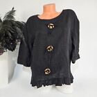 Italy Canvas Blouse 3/4 Arm Button Chic Shirt Size 38 40 42 Tunic Black