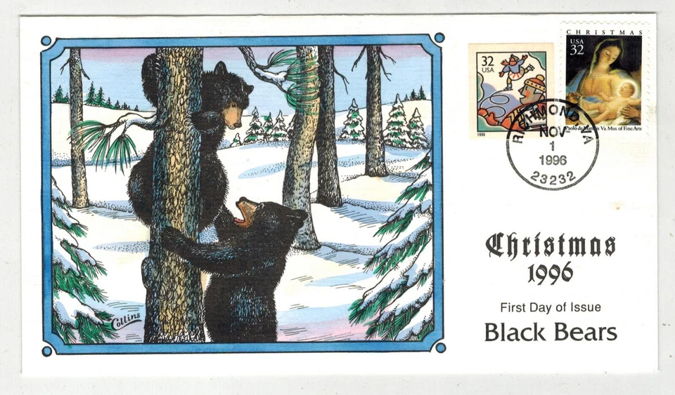1996 COLLINS HANDPAINTED CHRISTMAS DUAL FDC BLACK BEARS WILDLIFE - Image 1 of 1