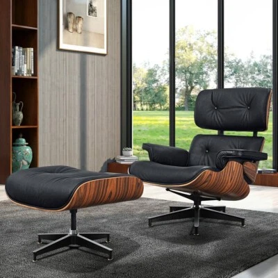 Sillón grande estilo Eames con otomana cuero genuino palo de rosa claro negro Foto 1 de 4