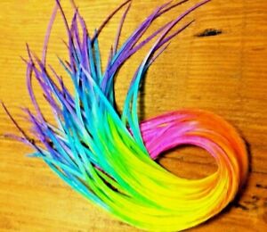 Solid feather hair extensions tie dye Ombre Neon rainbow 10" or longer  beads