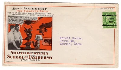 Northwestern School of Taxidermy Omaha NE w/ Precancel Illustrated Advertising  - Image 1 of 2
