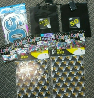 50th Birthday Party Supplies Lot new Gift paper, Gift Bags, Confetti, CC-17 - Image 1 of 4