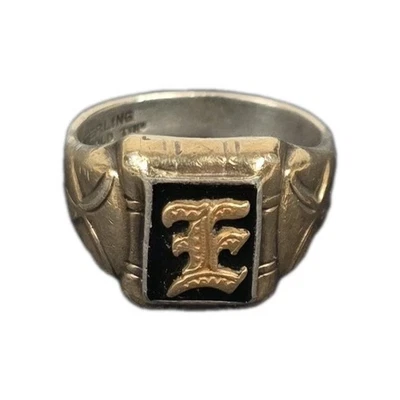 Men's Heirloom Antique Sterling Silver 10K Gold Top Onyx E Signet Ring Size 10  - Image 1 of 4