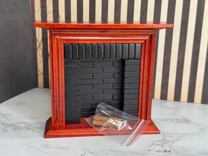 Dollhouse Mahogany and Brick fireplace with logs - Picture 1 of 7