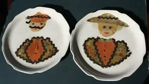 Man Woman Plates Cloth Sequins Pattern Decorated Ceramic Plates Set of 2 Unusual - Picture 1 of 1