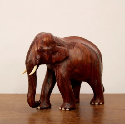 Estatua de elefante asiático de madera hecha a mano vintage decoración de oficina en casa escultura de animales Foto 1 de 4