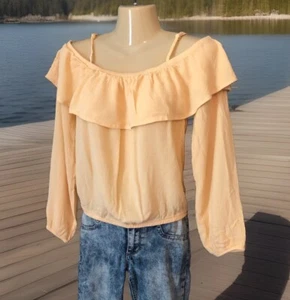 Off The Shoulder Crop Top Size Large Gauzy Yellow Crepe 3/4 Puff Sleeve Flounce - Picture 1 of 8