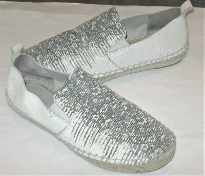 VINCE EMBOSSED GRAY & WHITE SNAKESKIN LEATHER SLIP ON ESPADRILLE FLATS      Sz 7 - Image 1 of 4