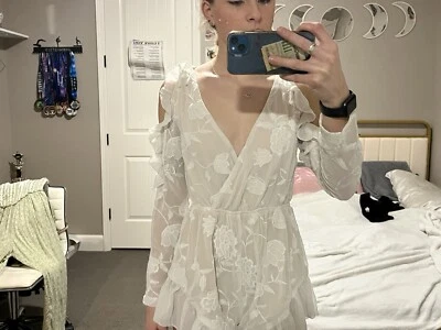 复古美学白色蕾丝露肩长袖连身裤  — 第 1/2 张图片