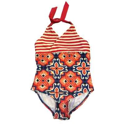Traje de baño de una pieza a rayas azul naranja para niñas talla 6 Tea Collection Foto 1 de 4