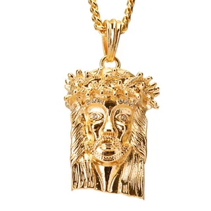 Collana da uomo con ciondolo volto di Gesù massiccio placcato oro argento 20" catena cubana CP 129 - Foto 1 di 7