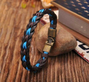 Mens Cool Surfer Metal Clasp Surfer Leather Hemp Bracelet Wristband Cuff Blue - Picture 1 of 5