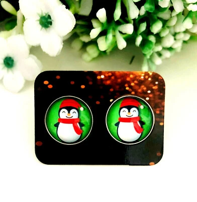 1 Paar Ohrringe Ohrstecker Cabochon 12mm Weihnachten Pinguin handmade c4-1178 - Bild 1 von 3