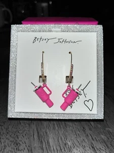 Betsey Johnson Hot Pink Stanley Style Tumbler Cup Gems Drop Earrings NIB - Picture 1 of 5