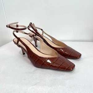J.Crew Womens 8.5 Leona Ankle Strap Croc Embossed Leather Burnished Sienna Brown - Foto 1 di 11