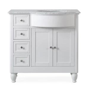 38" White Bathroom Vanity Single Right Size Off Center Sink Cabinet Marble Top - Picture 1 of 9