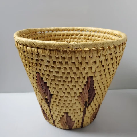Woven Basket Round Raffia Storage Container Decorative Waste Bucket Earth Nature Cover