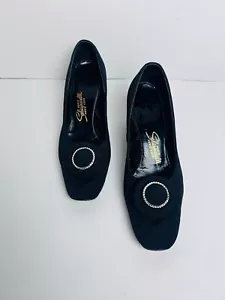 Vintage 60s SCHIAPARELLI Black Rhinestone Mod Block Heel Cocktail Size 6.5 - Picture 1 of 17