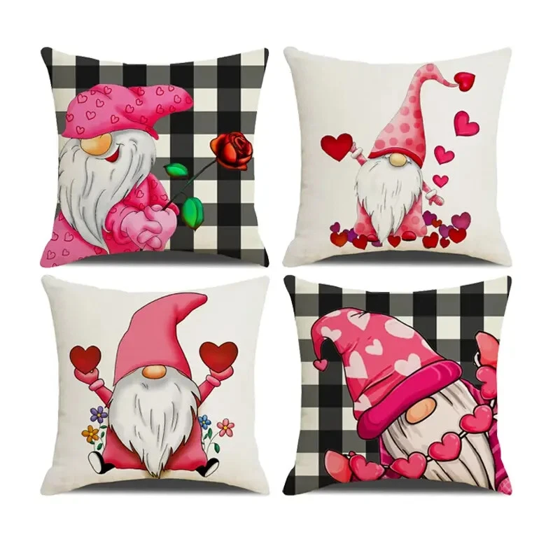 Funda de Almohada Gnomo Día de San Valentín 18"x18" Corazones Rosa Cuadros LOTE DE 4 Fundas NUEVO Foto 1 de 1