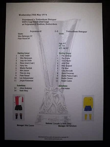 1974 UEFA Cup Final 2nd Leg Feyenoord v Tottenham Hotspur Matchsheet - Picture 1 of 1