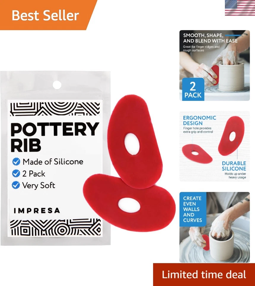 Impresa Pottery Tools Smoother Ribs 2 Pack Red Silicone Clay Ribs Rubber Kidney