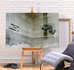 BANKSY CCTV WHAT ARE LOOKING AT - DEEP FRAMED CANVAS WALL ART GRAFFITI PRINT - Picture 1 of 3