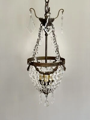 Vintage PETITE Crystal Beaded Basket Chandelier French Barbola Swag - Image 1 of 4