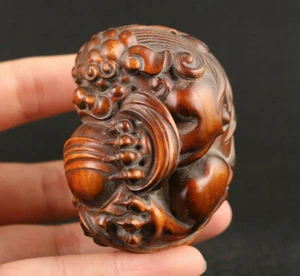 Figura Estatua Kirin Japonesa China Boj Artesanal Pieza de Mano Netsuke - Imagen 1 de 8
