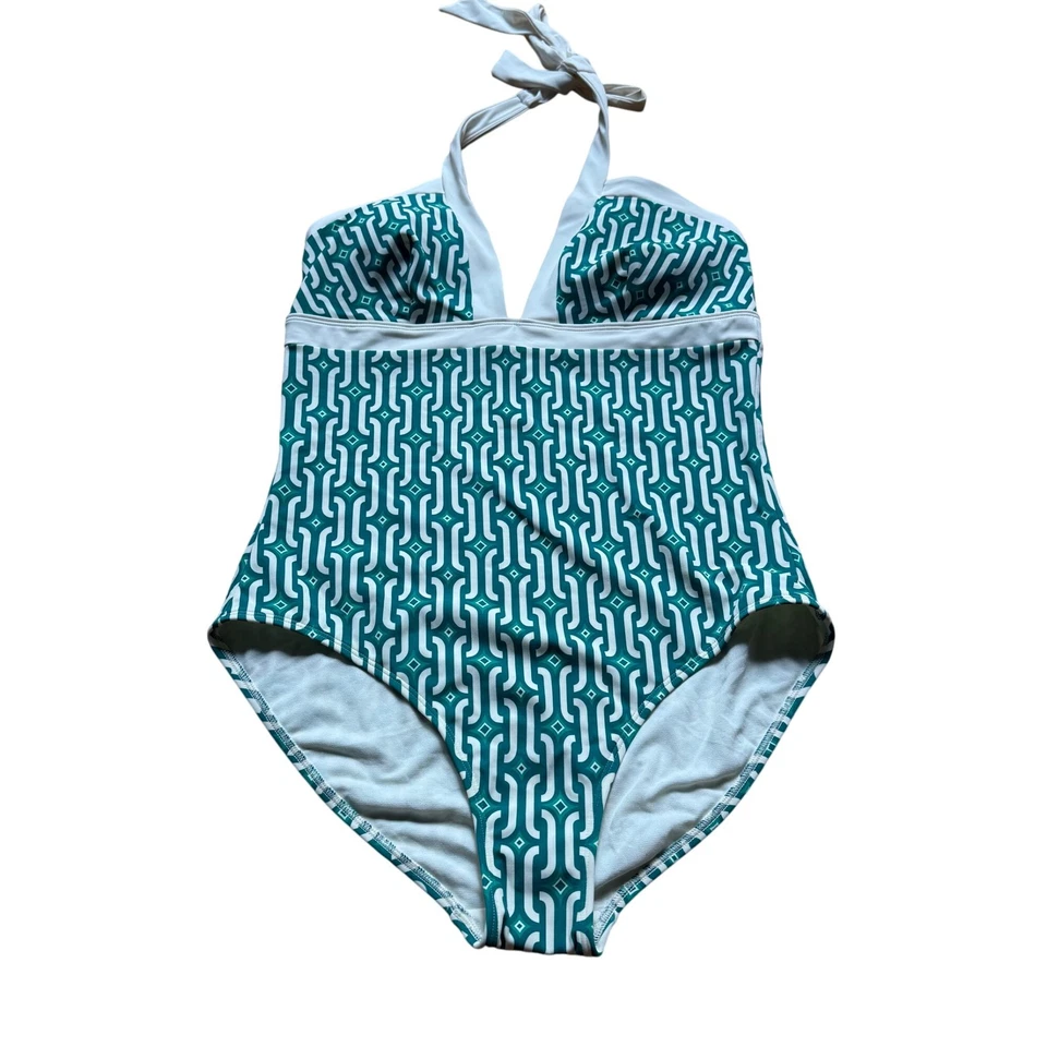 Traje de baño Boden talla 14L verde y blanco geométrico cuello halter de una pieza Foto 1 de 4