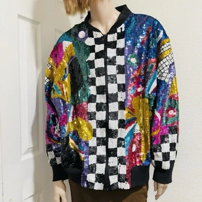 Chaqueta Bomber Vintage Años 80 Retro Colorida Lentejuelas Cuentas Seda Arte Abstracto 3XL Foto 1 de 4